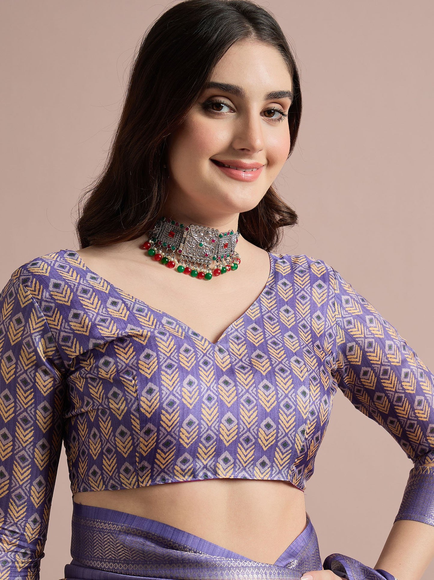 Lavendar Sungudi Cotton Blend Printed Saree