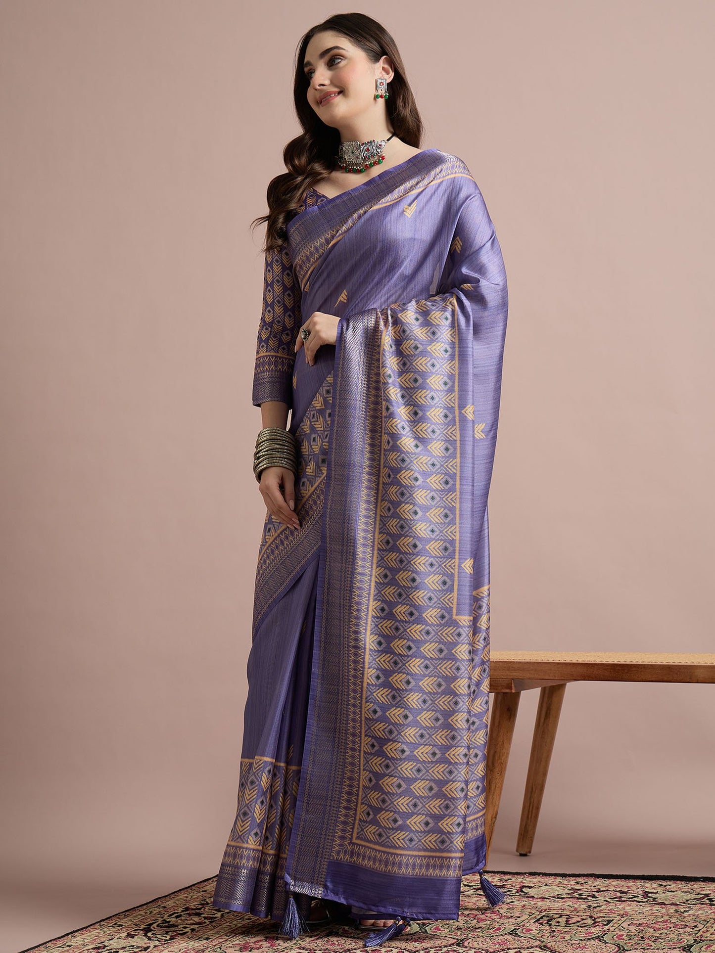 Lavendar Sungudi Cotton Blend Printed Saree