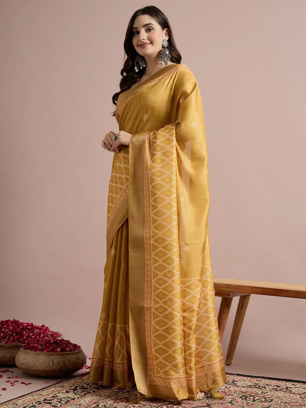 Yellow Sungudi Cotton Blend Printed Saree - The Dori Store