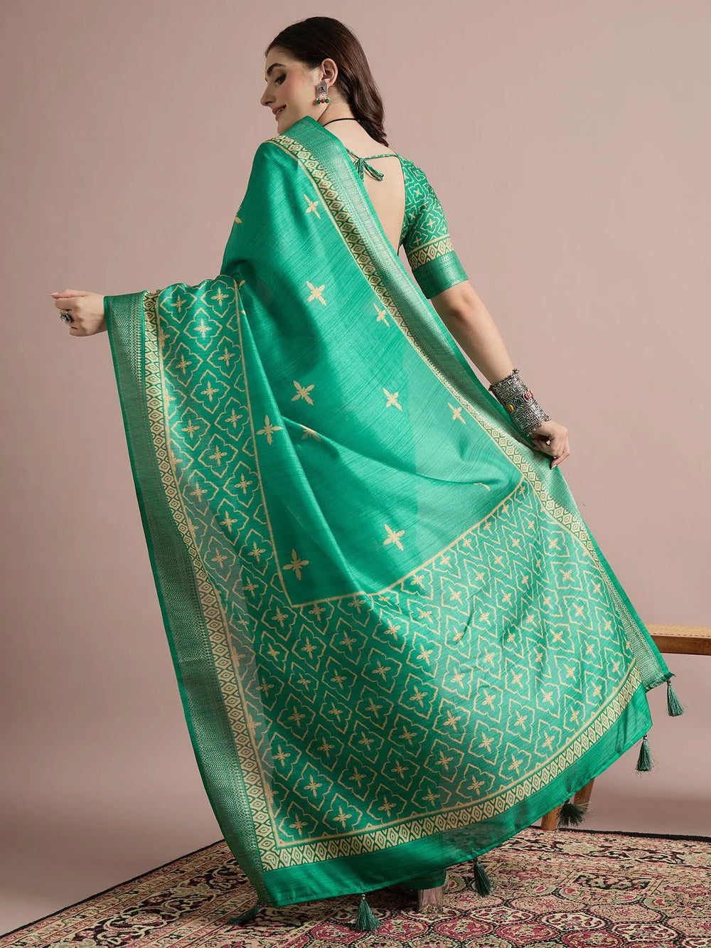 Teal Green Sungudi Cotton Blend Printed Saree - The Dori Store