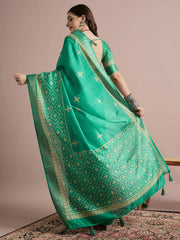 Teal Green Sungudi Cotton Blend Printed Saree - The Dori Store