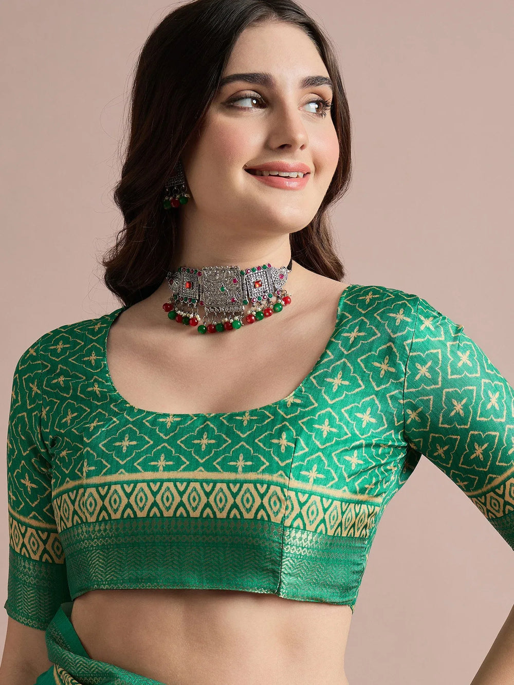 Teal Green Sungudi Cotton Blend Printed Saree - The Dori Store