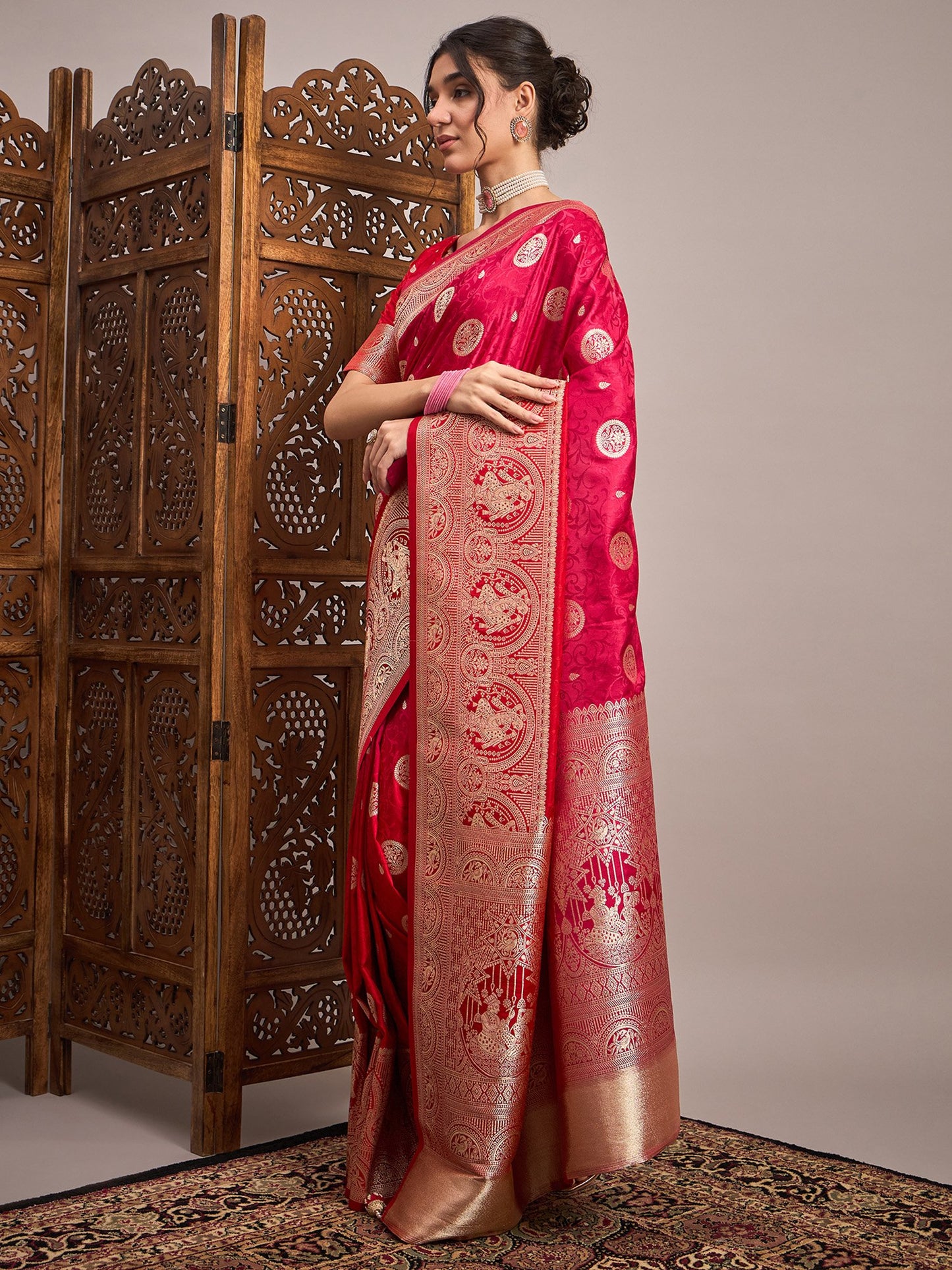 Pink Banarasi Satin Silk Woven Saree