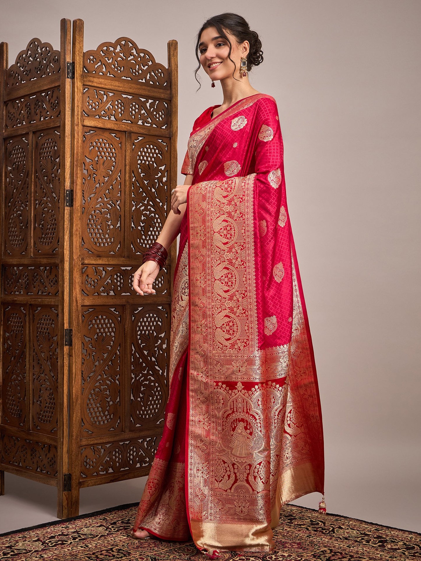 Pink Banarasi Satin Silk Woven Saree