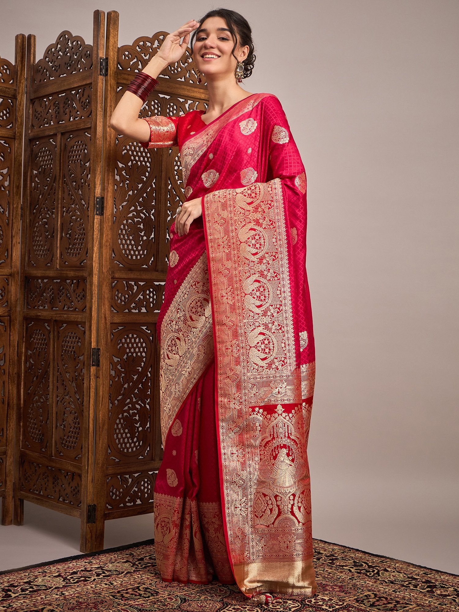 Pink Pink Banarasi Satin Silk Woven Saree