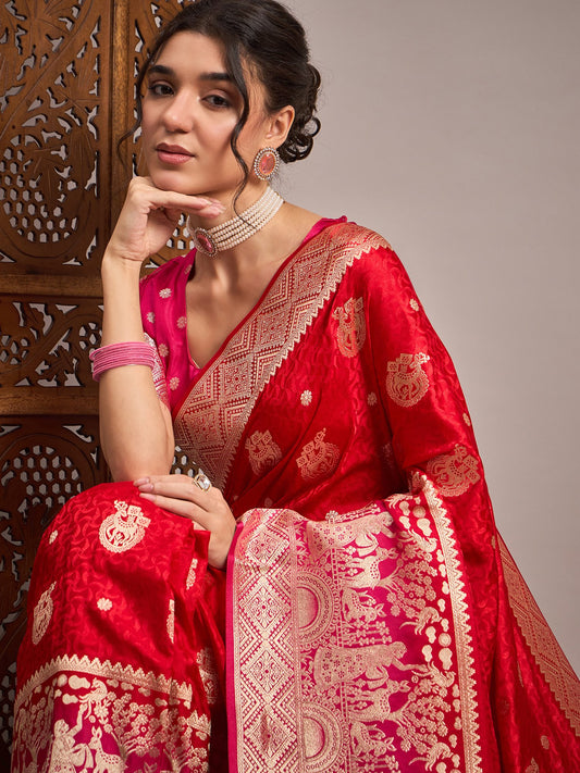 Red Red Banarasi Satin Silk Woven Saree