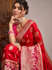 Red Banarasi Satin Silk Woven Saree - The Dori Store