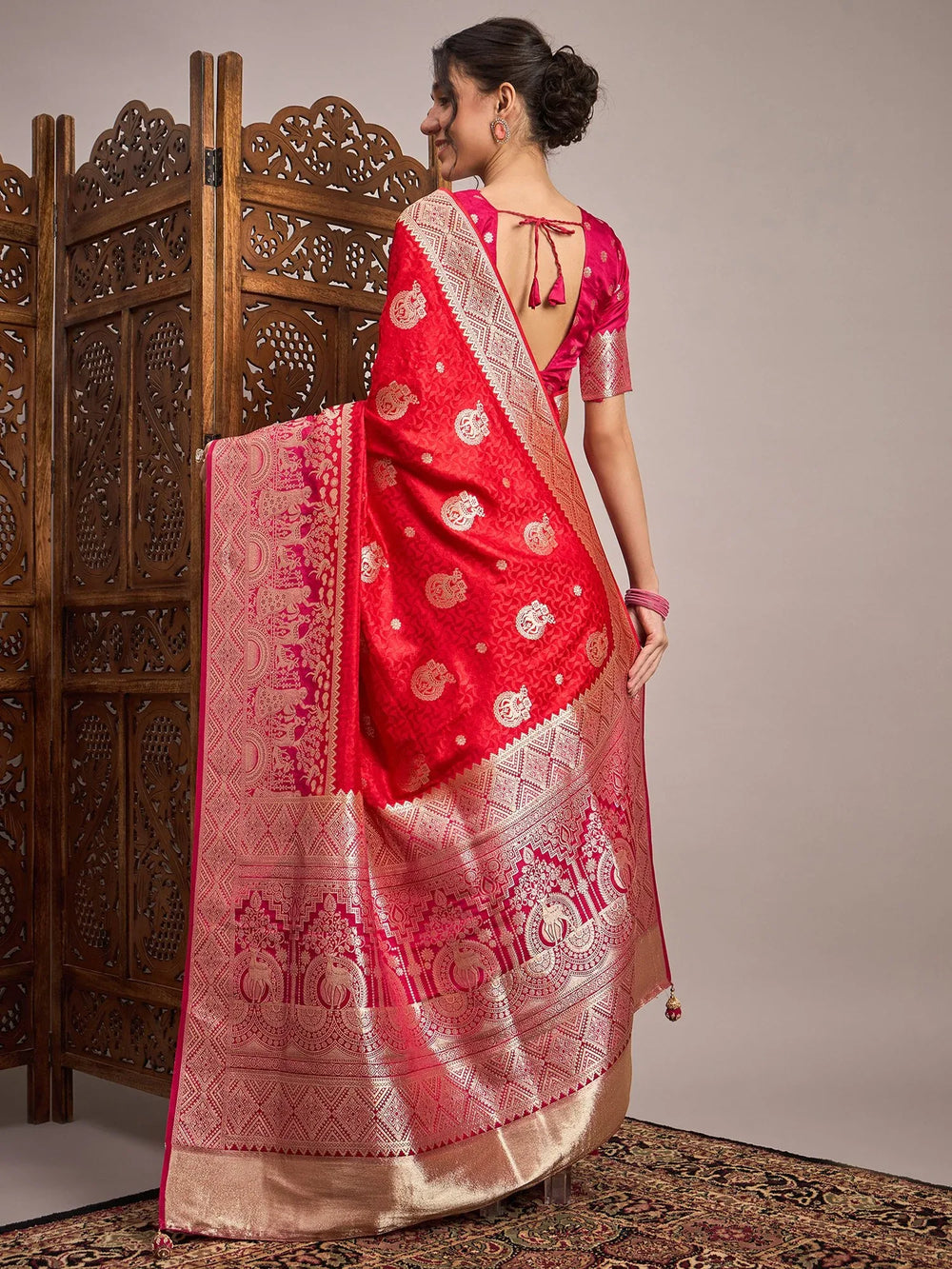 Red Banarasi Satin Silk Woven Saree - The Dori Store