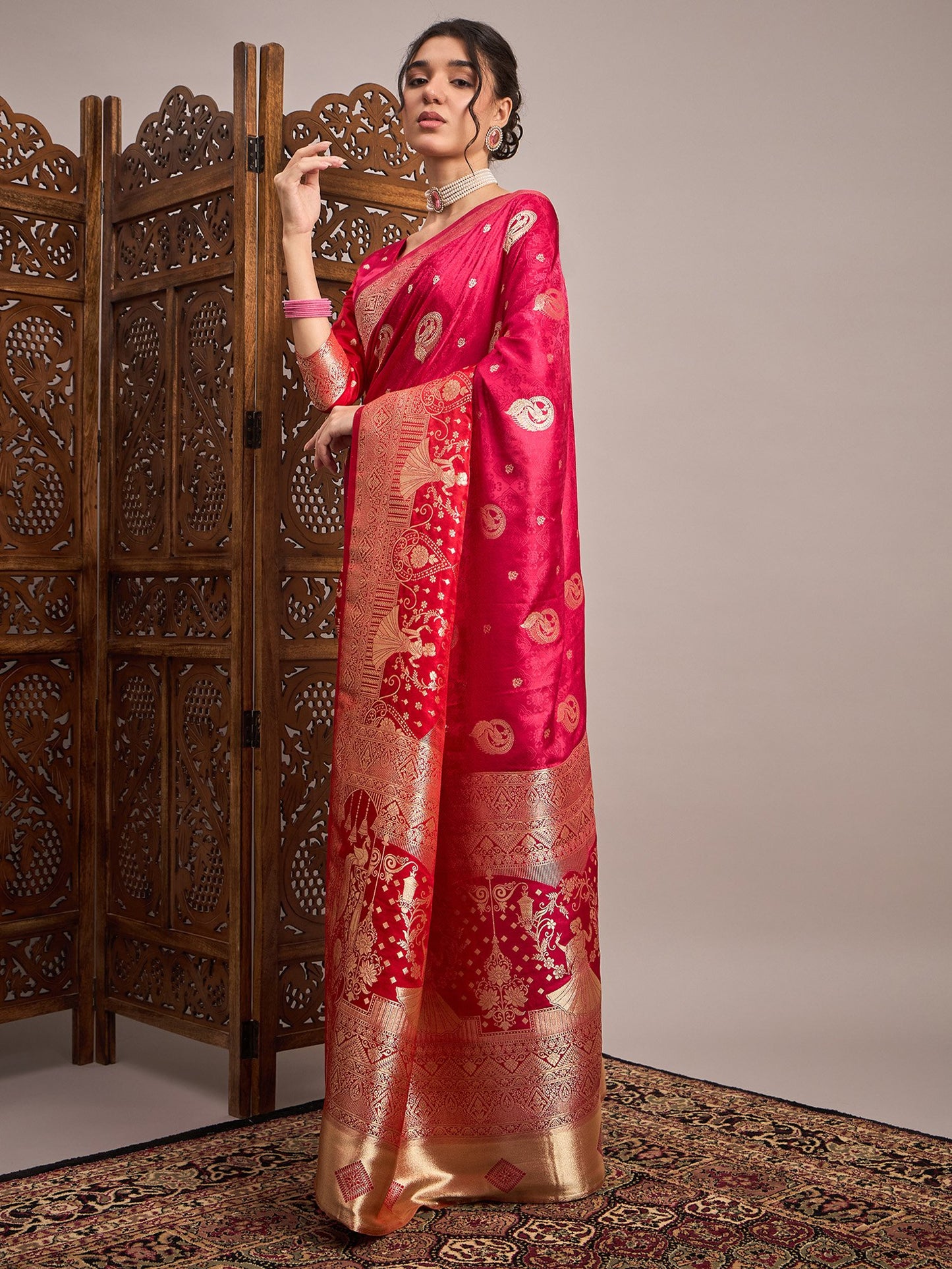 Pink Banarasi Satin Silk Woven Saree