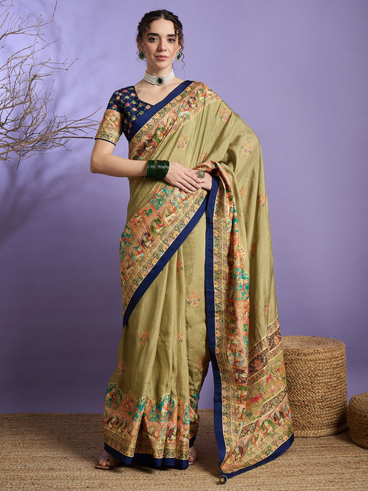 Green Navy Banarasi Dola Silk Embellished Saree