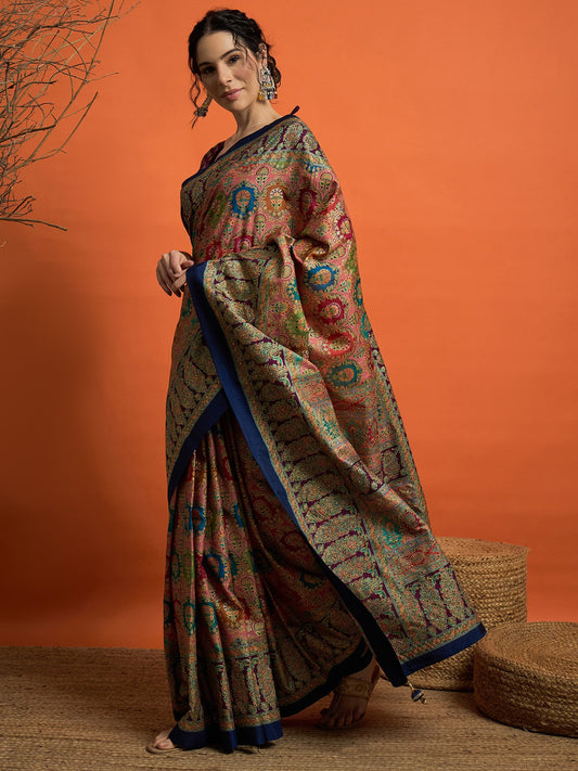 Pink Navy Banarasi Dola Silk Embellished Saree