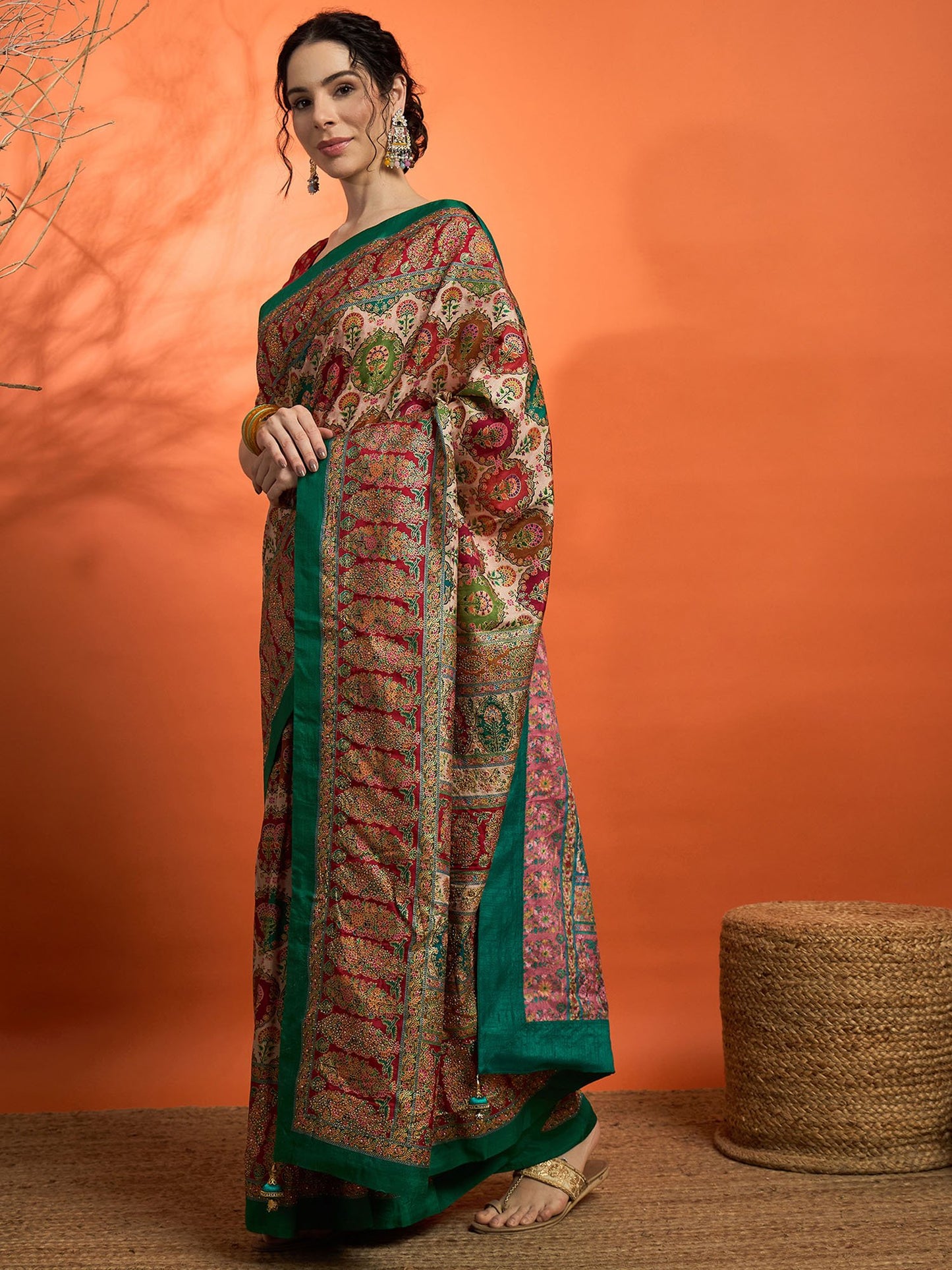 Cream Banarasi Dola Silk Embellished Saree