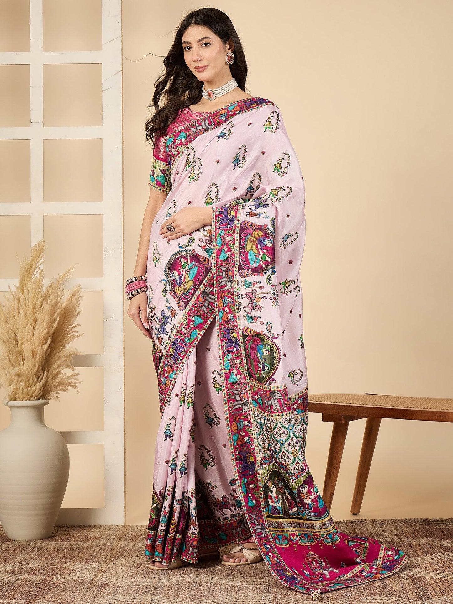 Pink Banarasi Viscose Silk Woven Saree