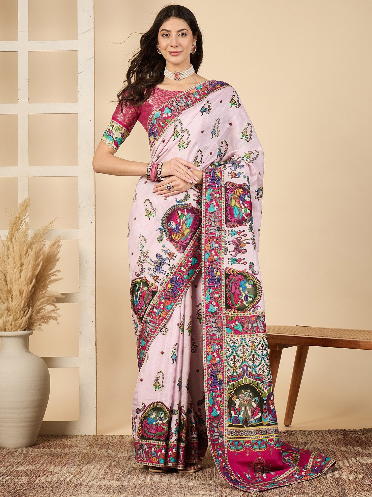 Pink Pink Banarasi Viscose Silk Woven Saree