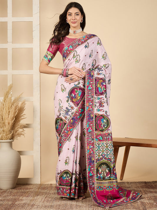 Pink Pink Banarasi Viscose Silk Woven Saree