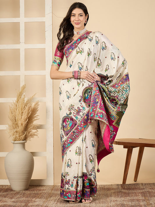 White Off Banarasi Viscose Silk Woven Saree