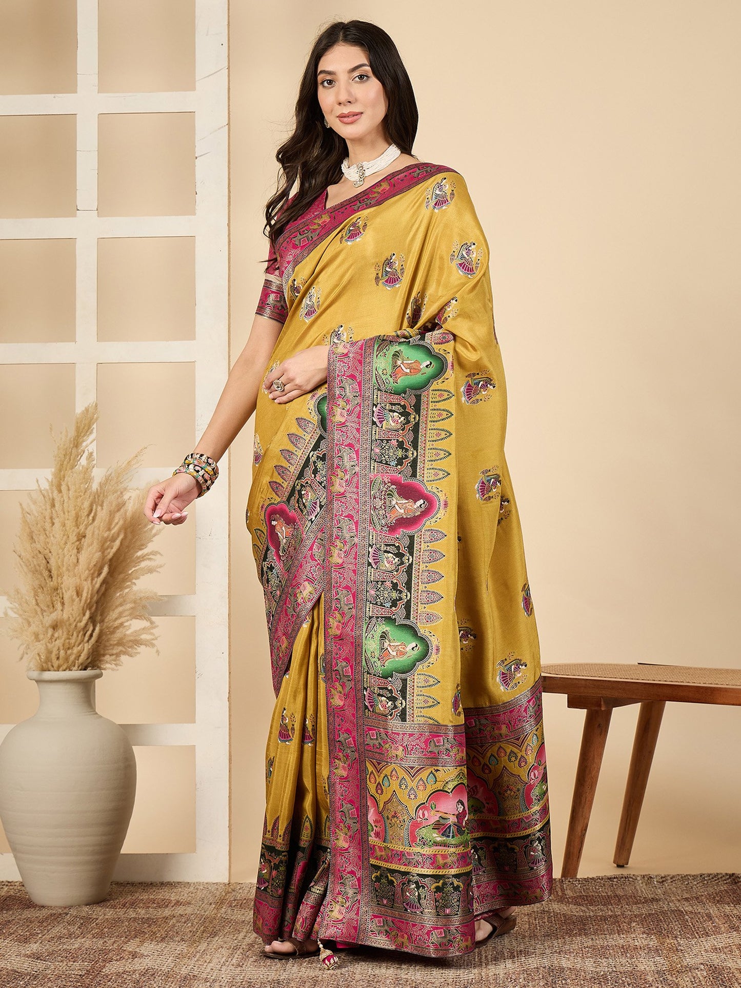 Mustard Banarasi Viscose Silk Woven Saree