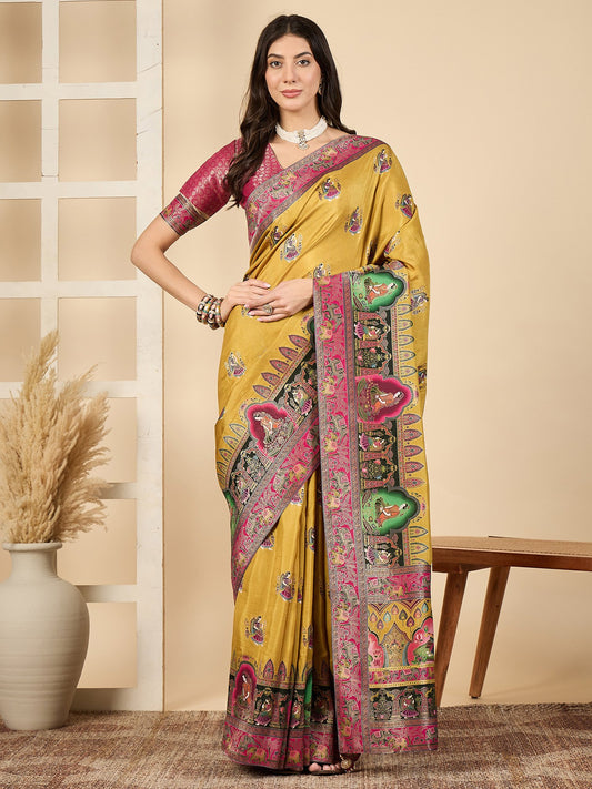 Yellow Mustard Banarasi Viscose Silk Woven Saree
