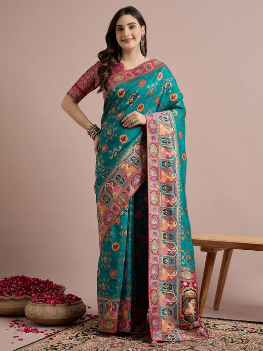 Blue Light Banarasi Viscose Silk Woven Saree