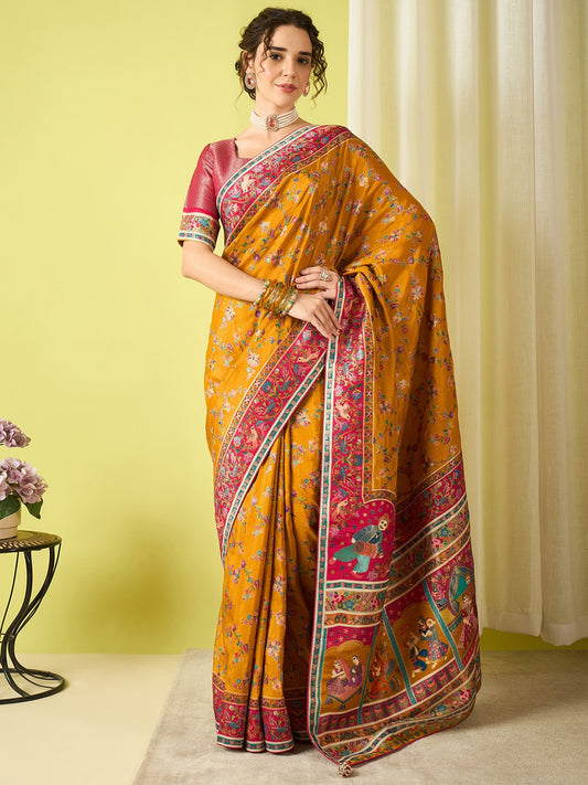 Yellow Mustard Banarasi Viscose Silk Woven Saree