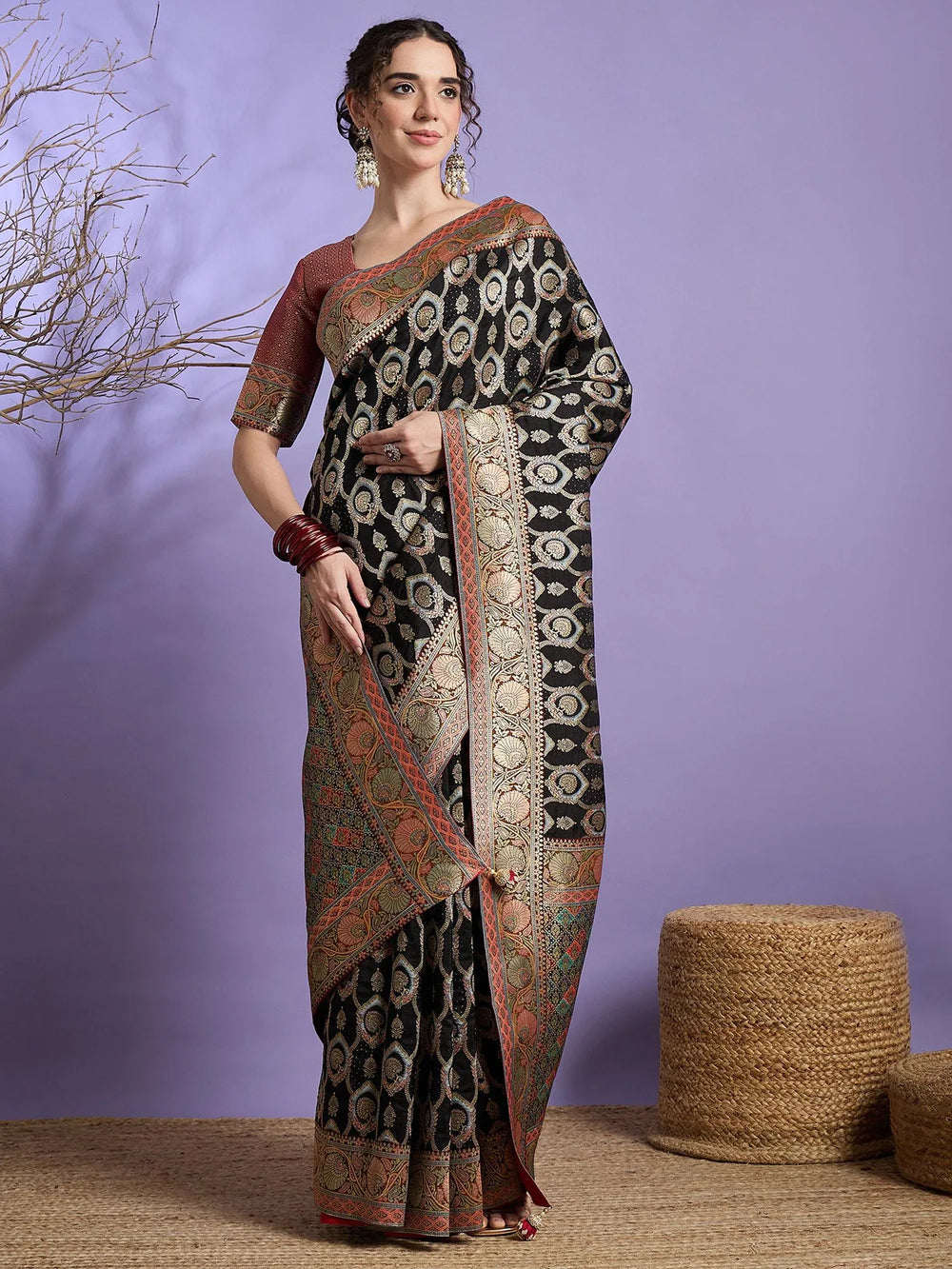 Black Banarasi Viscose Silk Woven Saree - The Dori Store