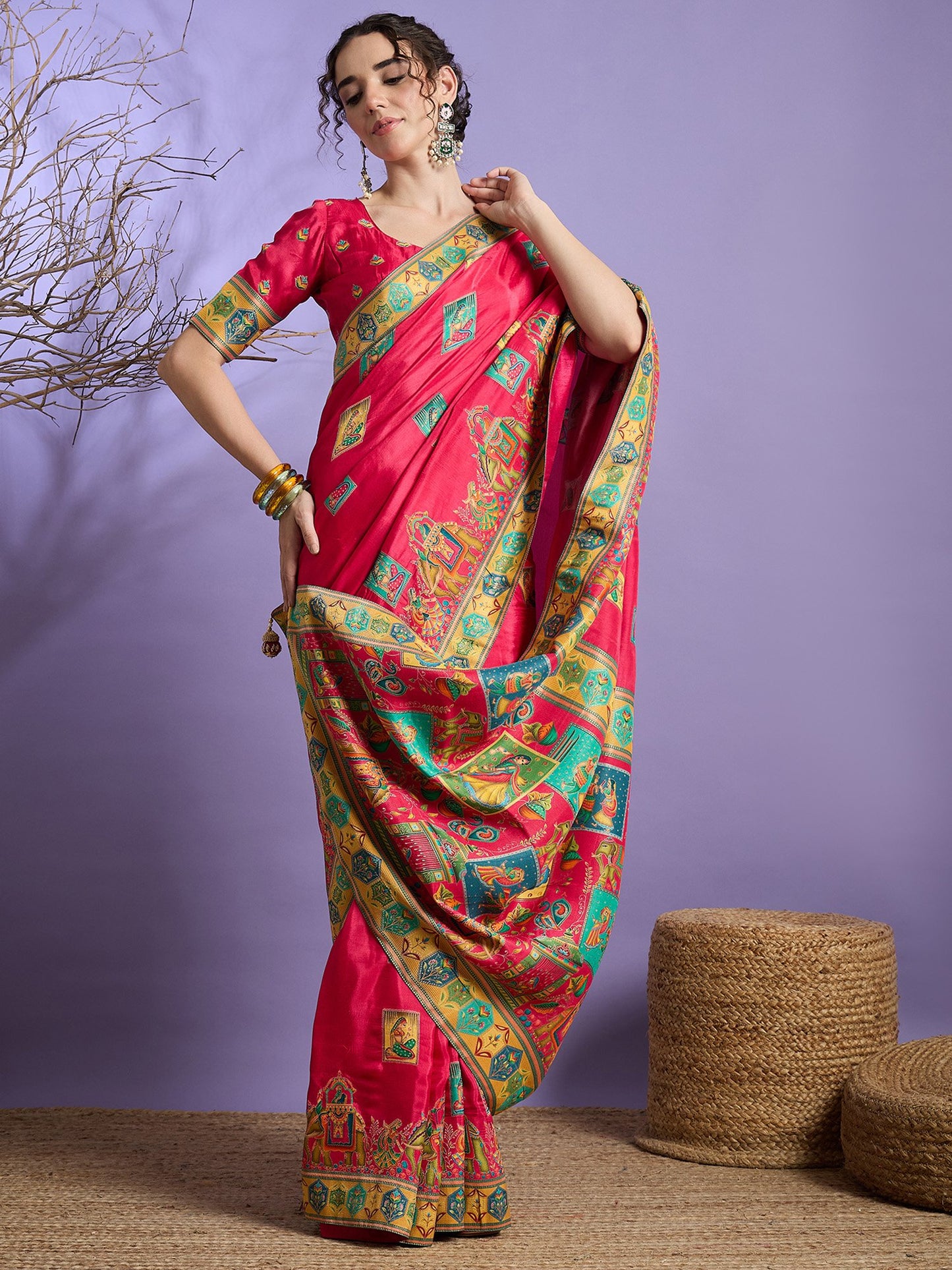 Pink Banarasi Viscose Silk Woven Saree