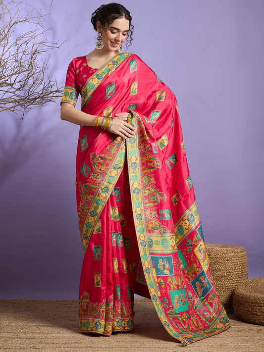 Pink Pink Banarasi Viscose Silk Woven Saree