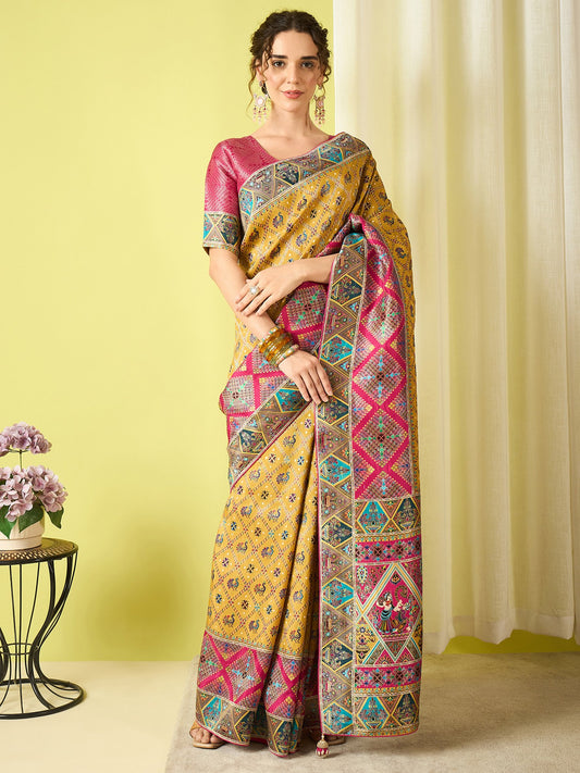 Yellow Mustard Banarasi Viscose Silk Woven Saree
