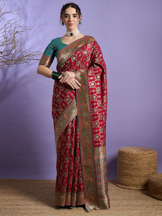 Maroon Maroon Banarasi Viscose Silk Woven Saree