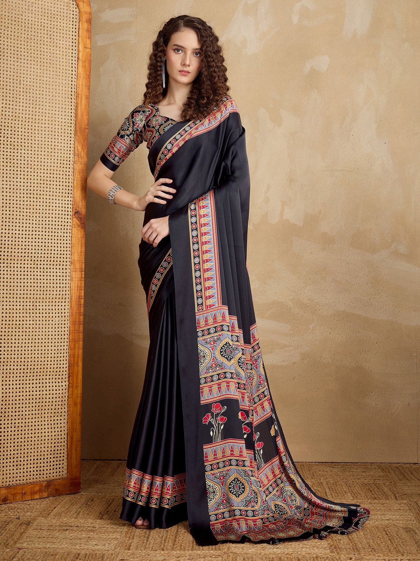 Black Block Print Satin Printed Saree