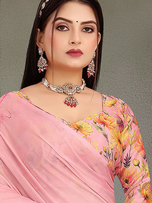 Pink Pink Block Print Georgette Printed Saree