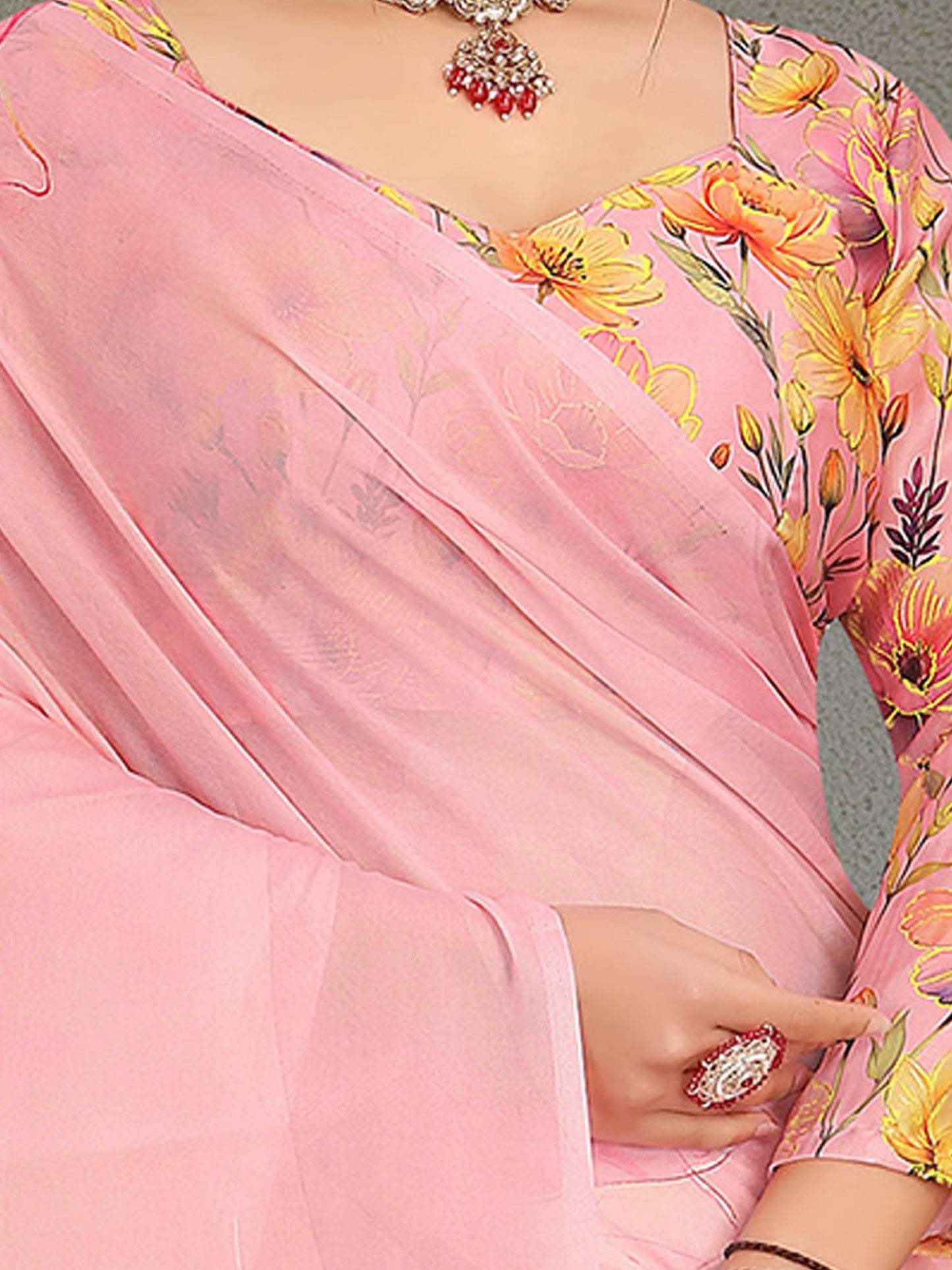 Pink Block Print Georgette Printed Saree