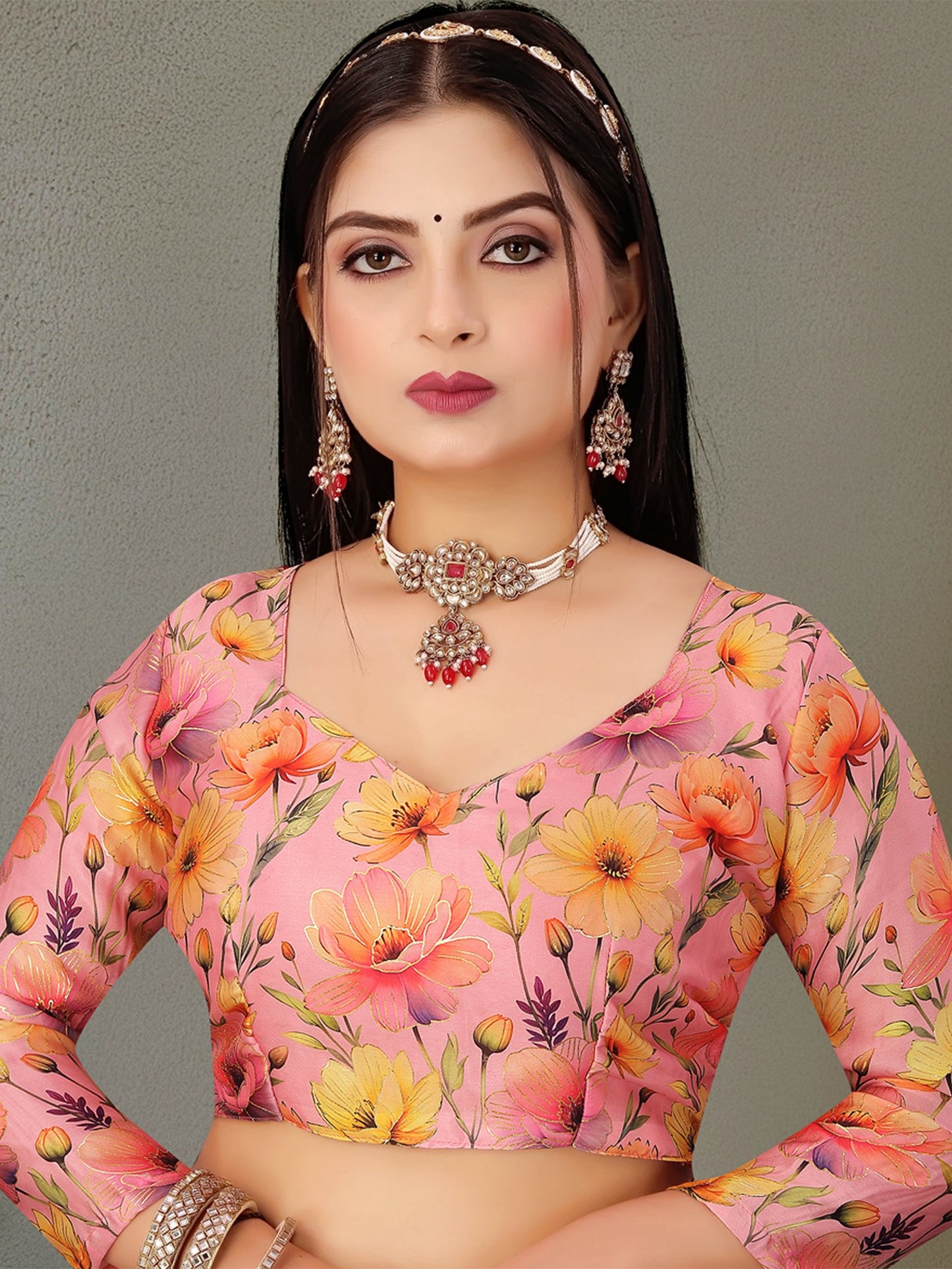 Pink Block Print Georgette Printed Saree