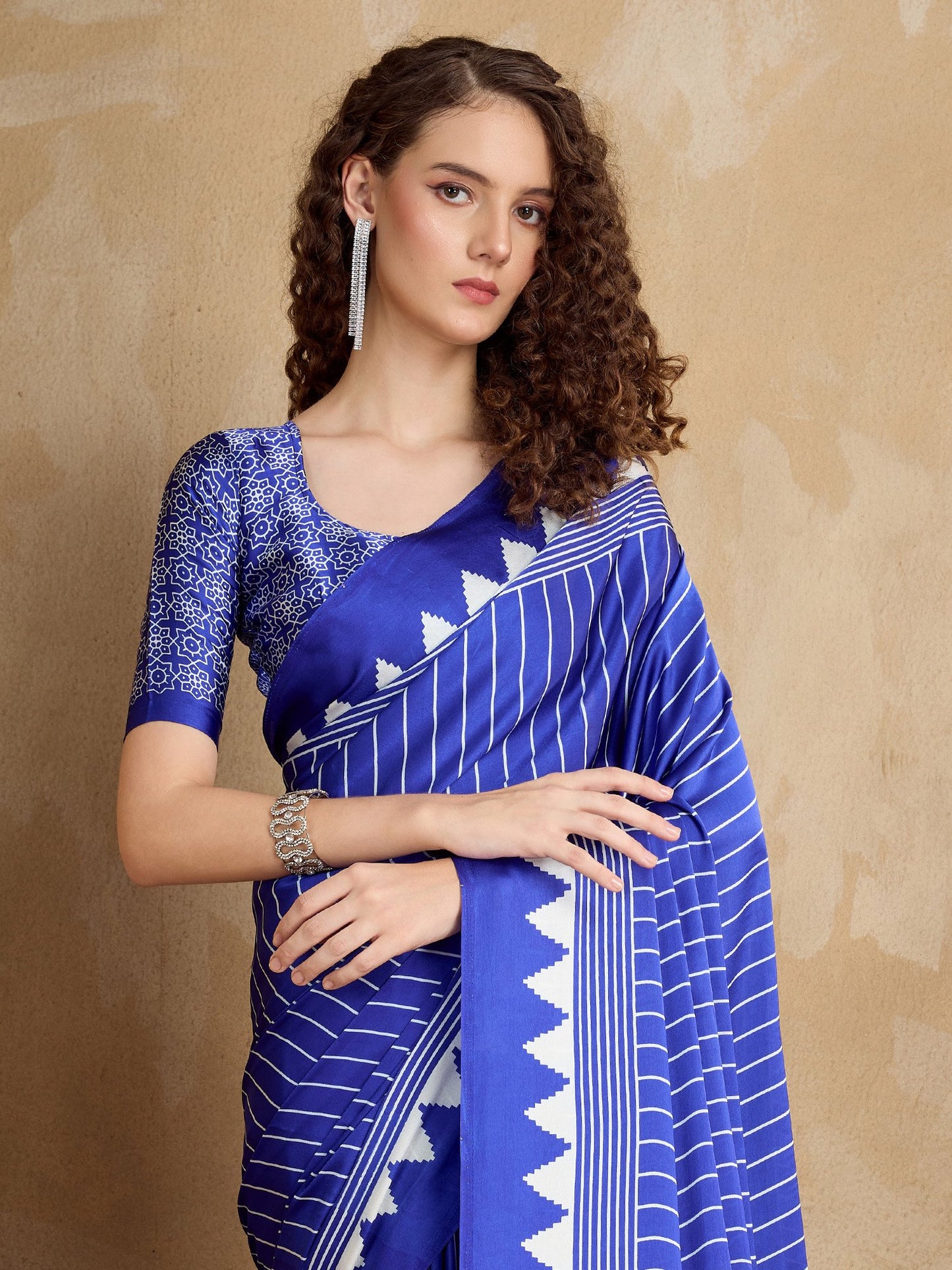 Navy Block Print Satin Printed Saree