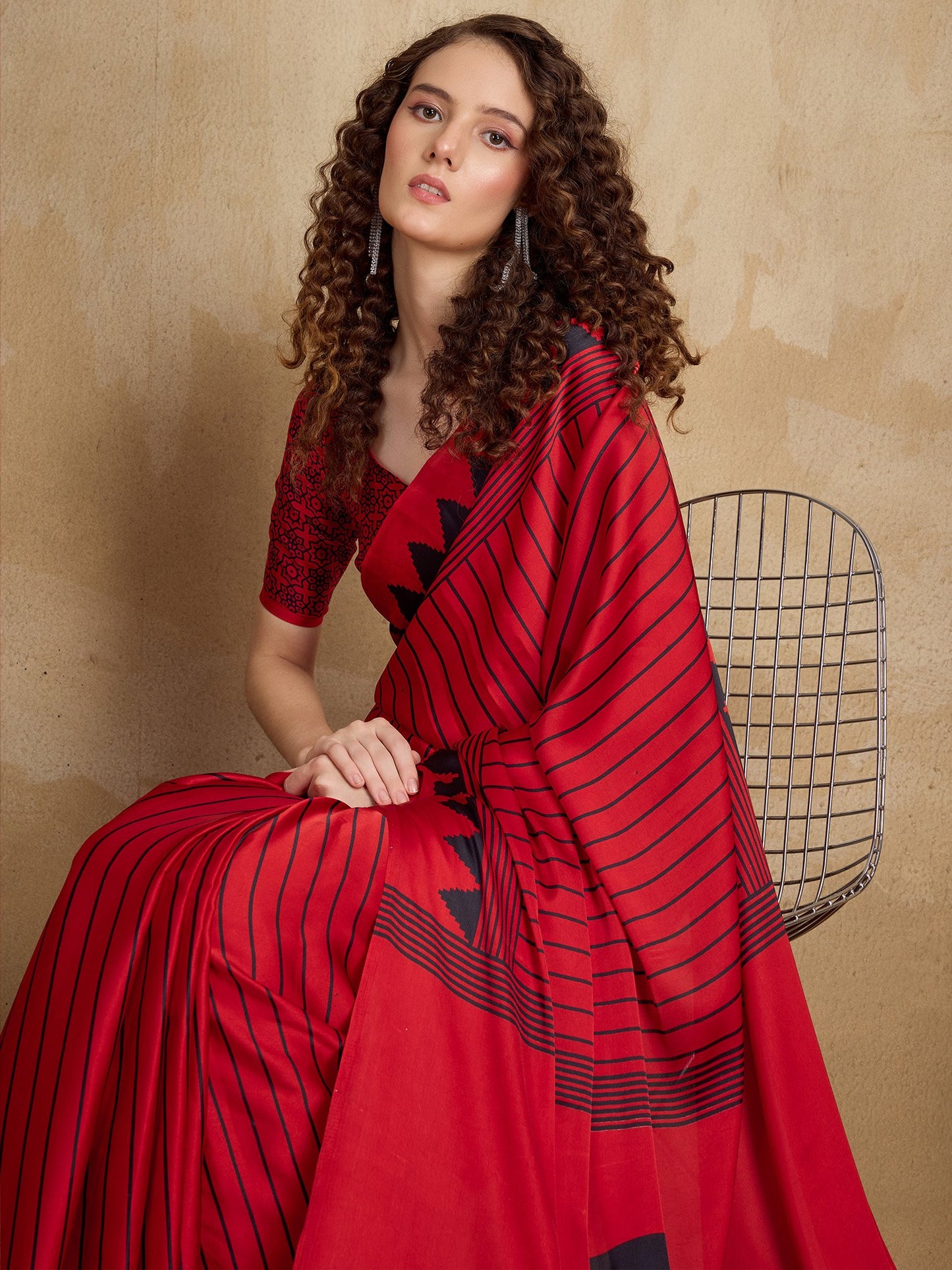 Red Block Print Satin Printed Saree