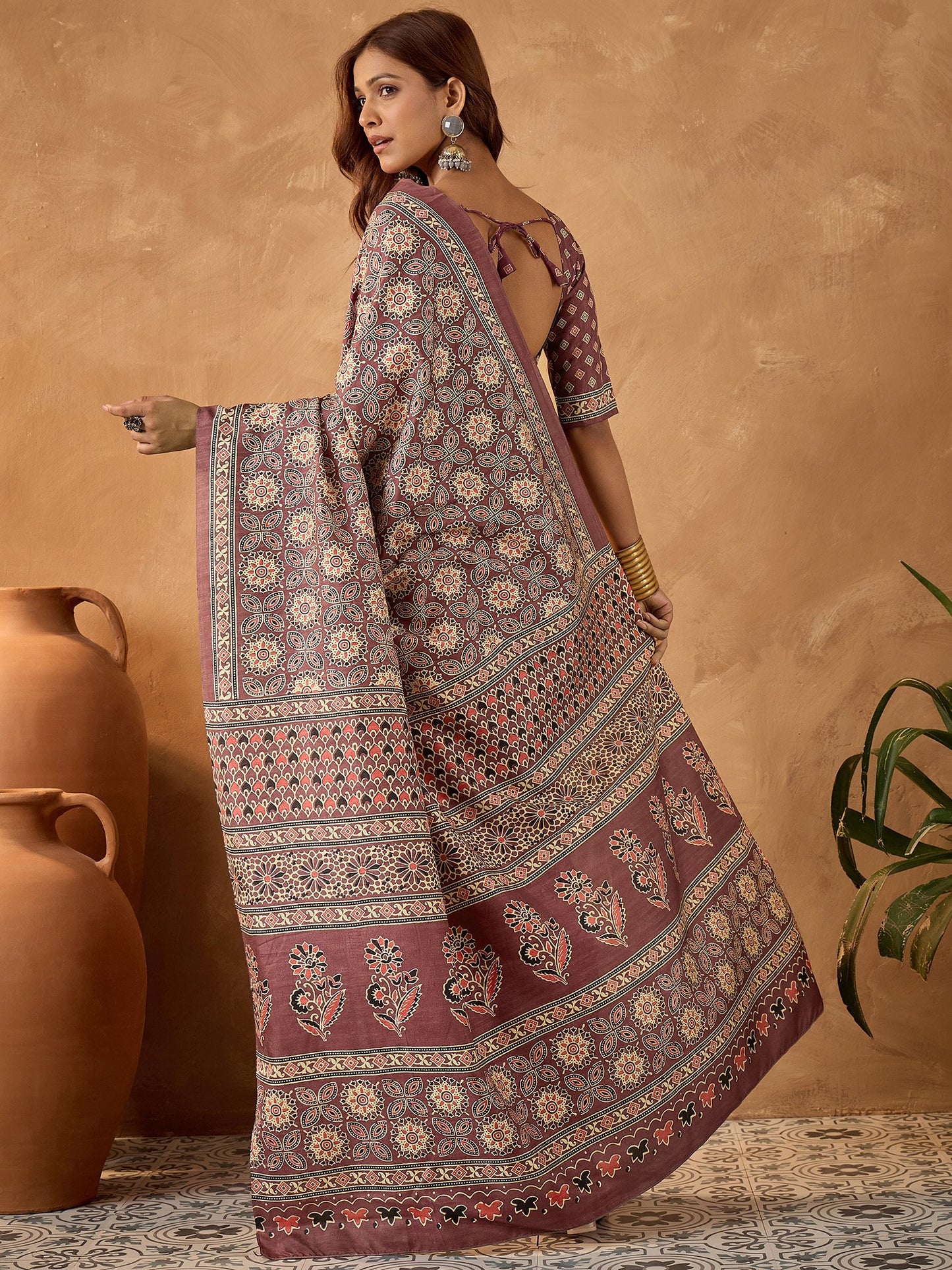 Mauve Block Print Cotton Blend Printed Saree