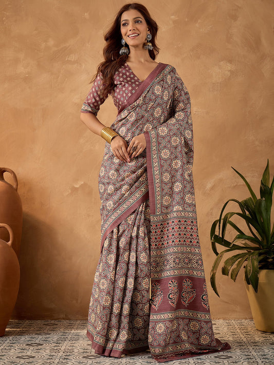 Purple Mauve Block Print Cotton Blend Printed Saree
