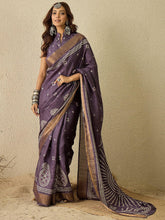 Purple Block Print Silk Blend Printed Ready To Wear Saree - The Dori Store