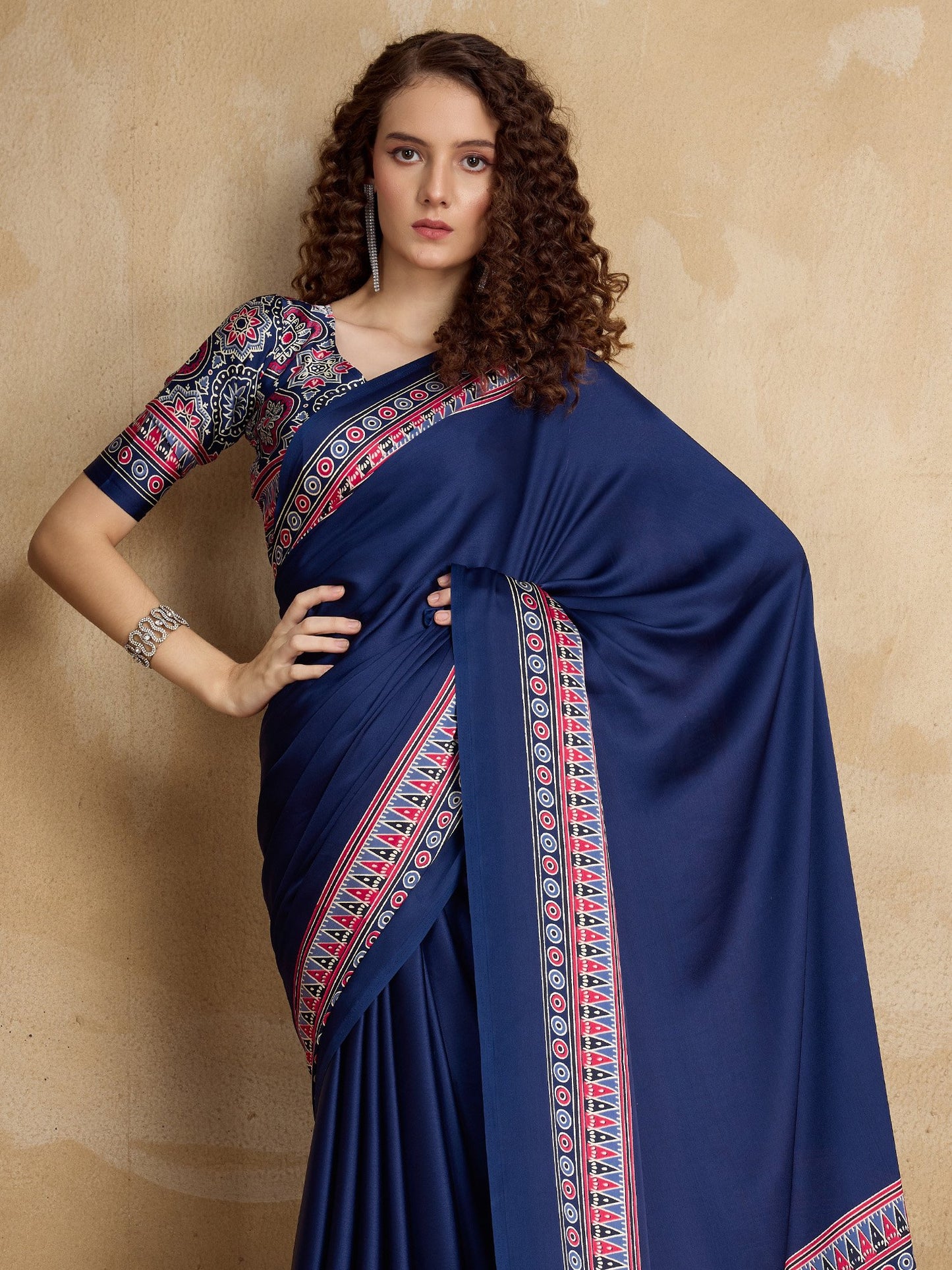 Navy Block Print Satin Printed Saree