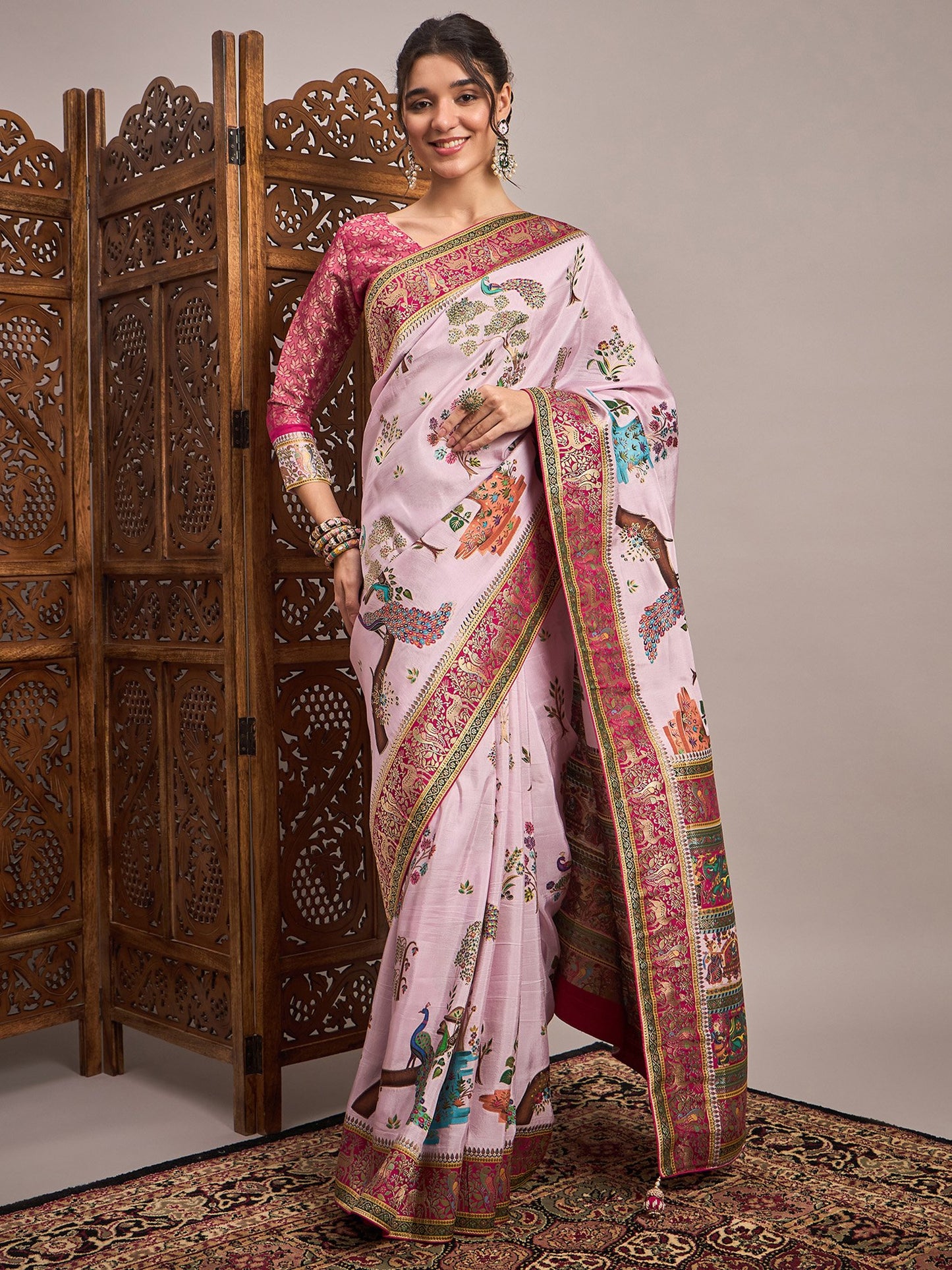 Pink Mauve Banarasi Viscose Silk Woven Saree