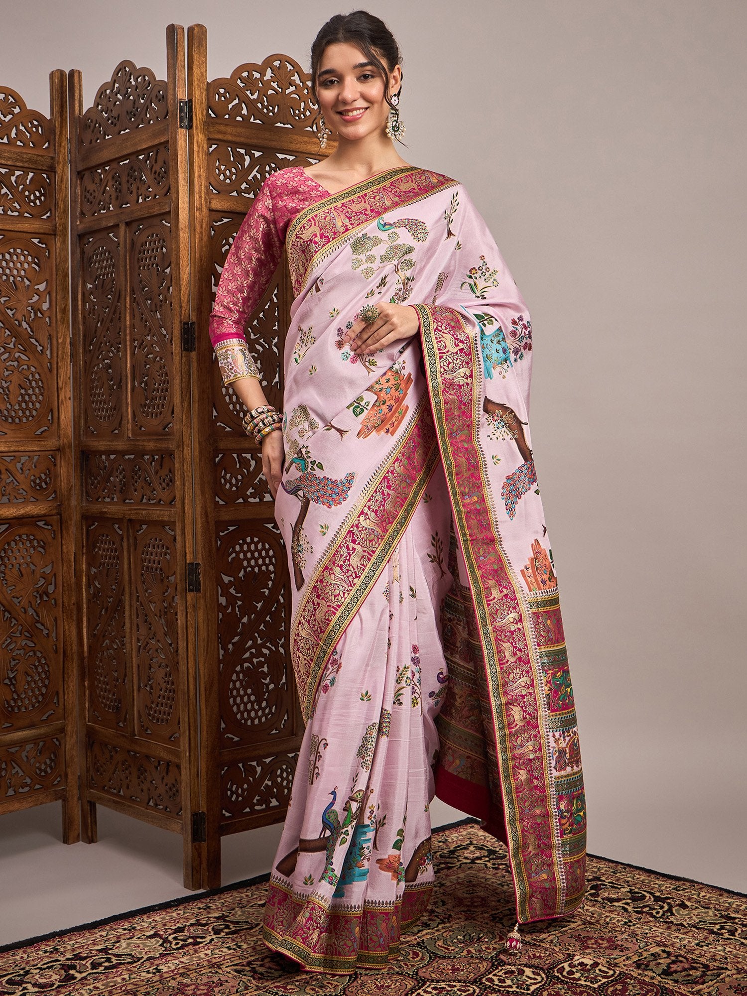 Pink Mauve Banarasi Viscose Silk Woven Saree