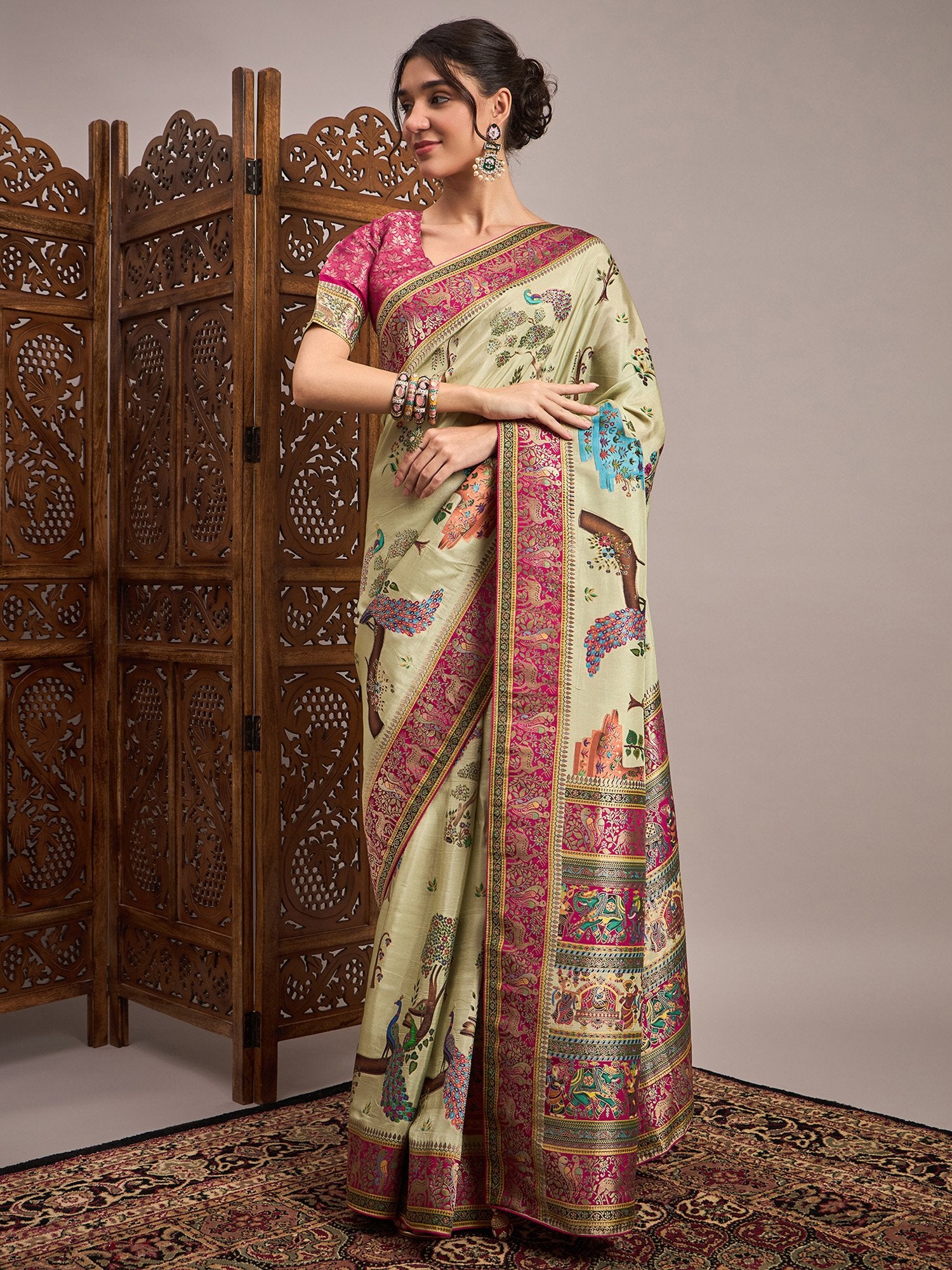 Green Light Banarasi Viscose Silk Woven Saree