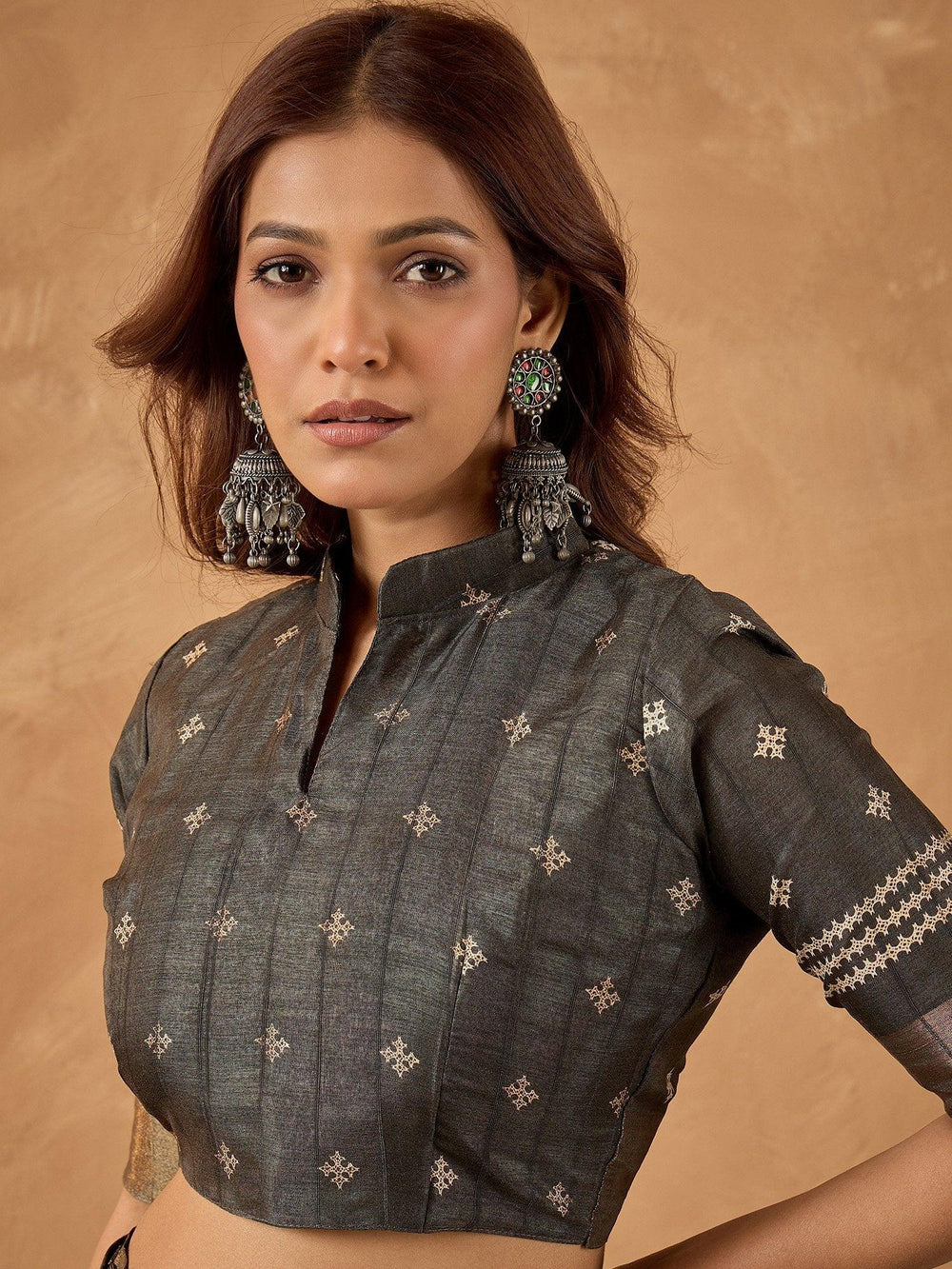 Charcoal Block Print Silk Blend Printed Ready To Wear Saree - The Dori Store