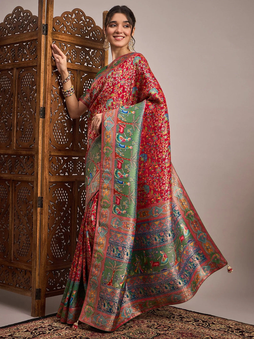 Red Banarasi Viscose Silk Woven Saree - The Dori Store