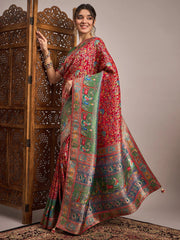 Red Banarasi Viscose Silk Woven Saree - The Dori Store