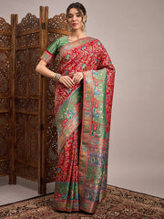 Red Banarasi Viscose Silk Woven Saree - The Dori Store