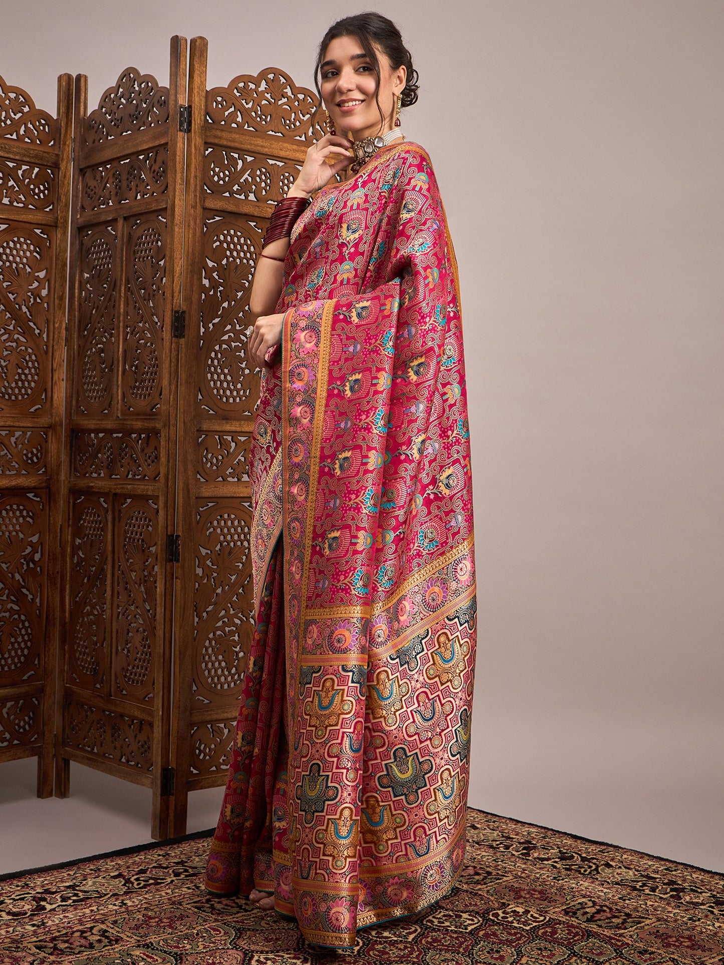 Pink Banarasi Viscose Silk Woven Saree