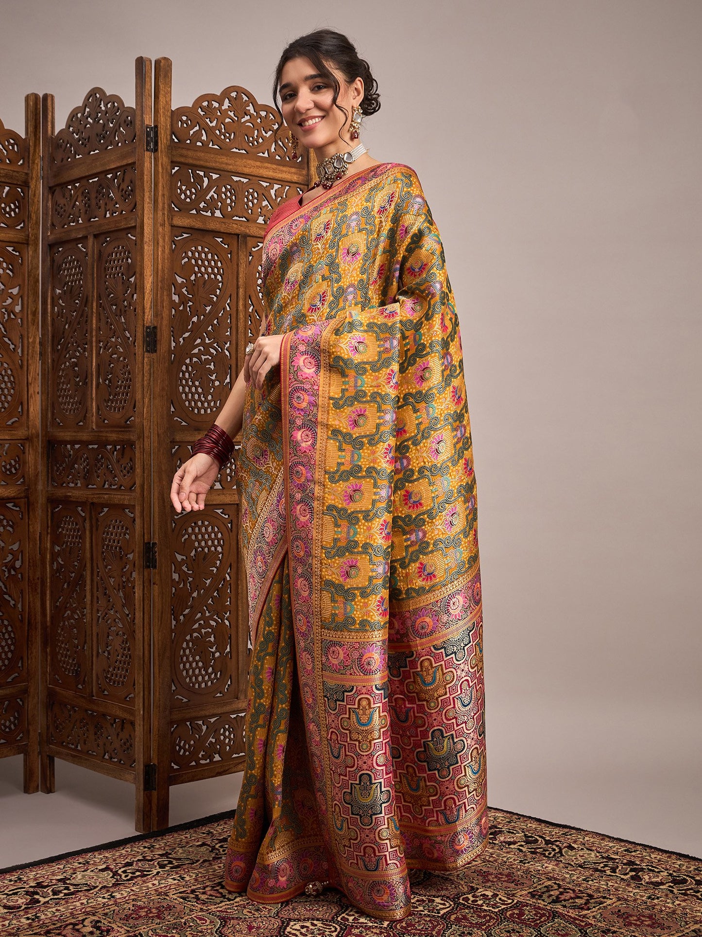 Mustard Banarasi Viscose Silk Woven Saree