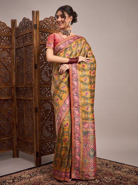 Yellow Mustard Banarasi Viscose Silk Woven Saree