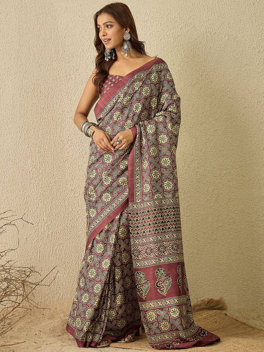 Purple Mauve Block Print Cotton Blend Printed Saree